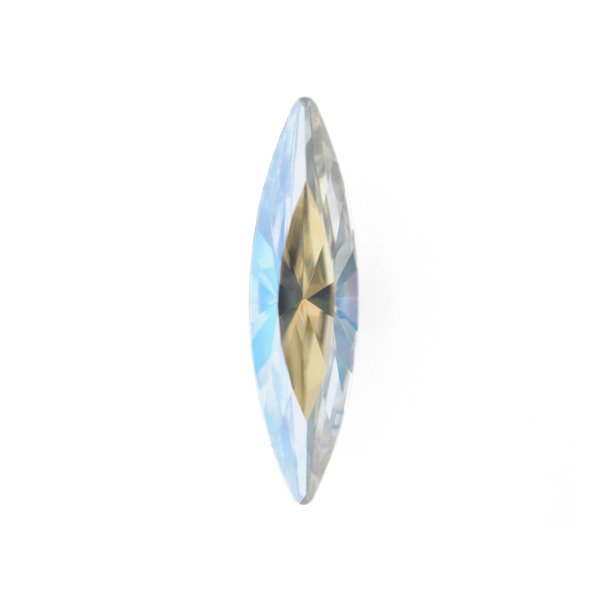 One large navette shape faceted Austrian crystal rhinestones in the color Moonlight displayed on a white background.