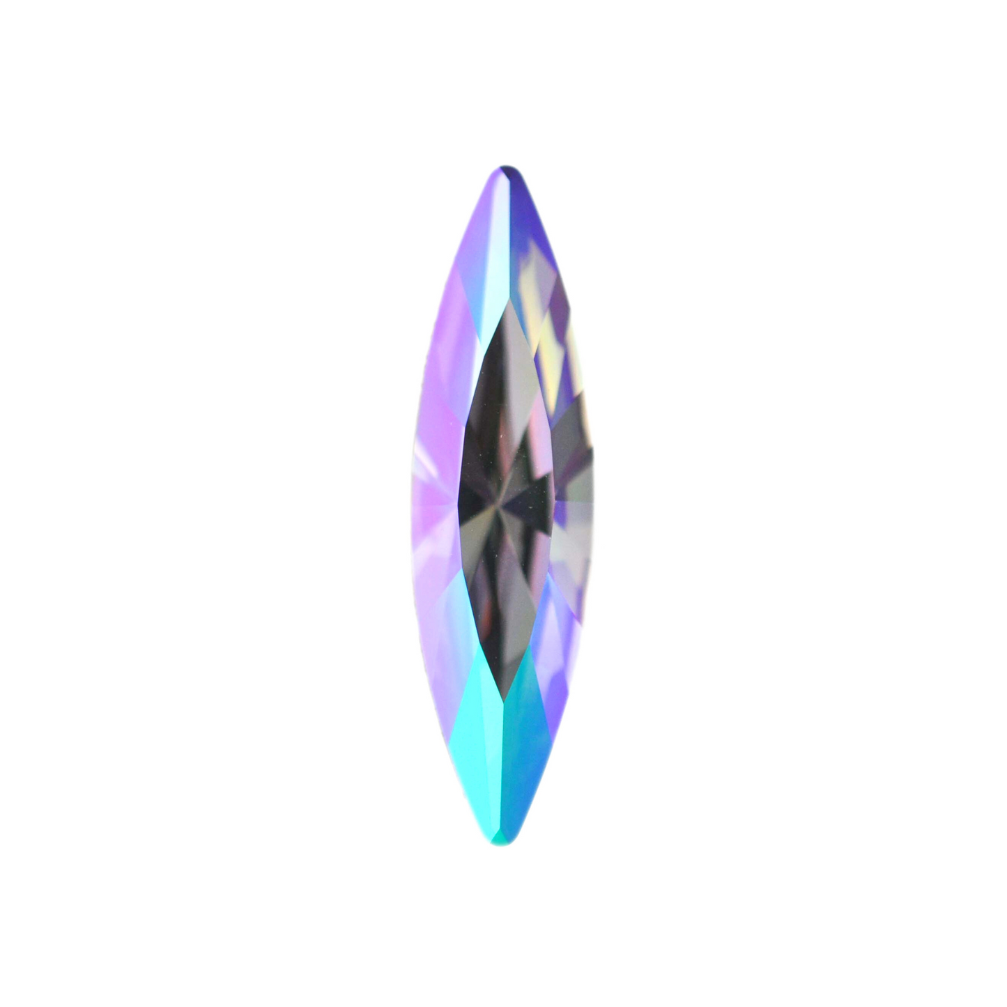 One large navette shape faceted Austrian crystal rhinestones in the color Paradise Shine displayed on a white background.