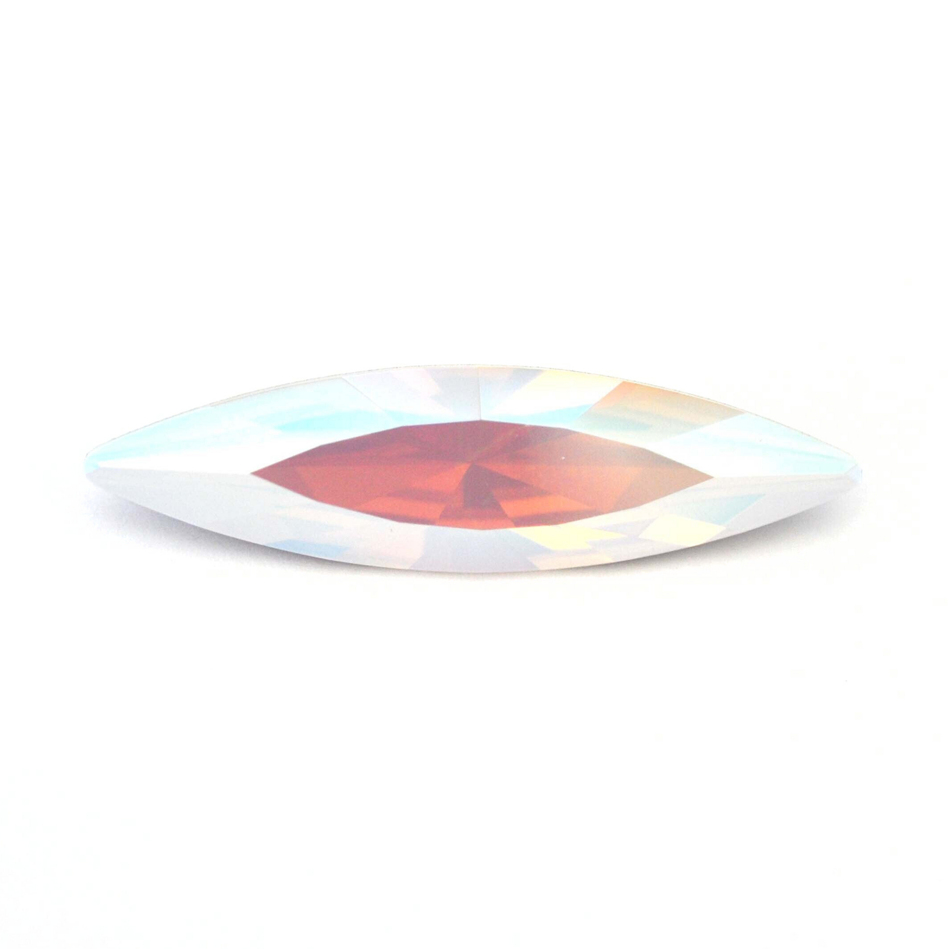 One large navette shape faceted Austrian crystal rhinestones in the color White Opal Shimmer displayed on a white background.