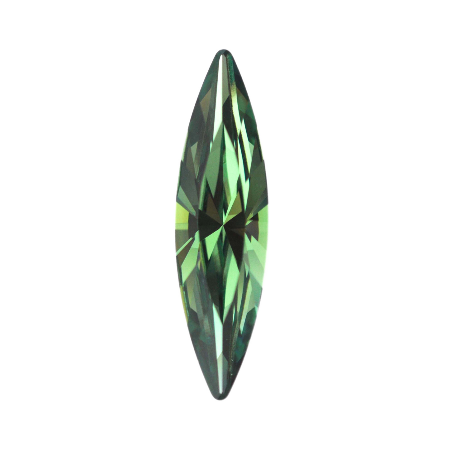 One large navette shape faceted Austrian crystal rhinestones in the color Erinite displayed on a white background.