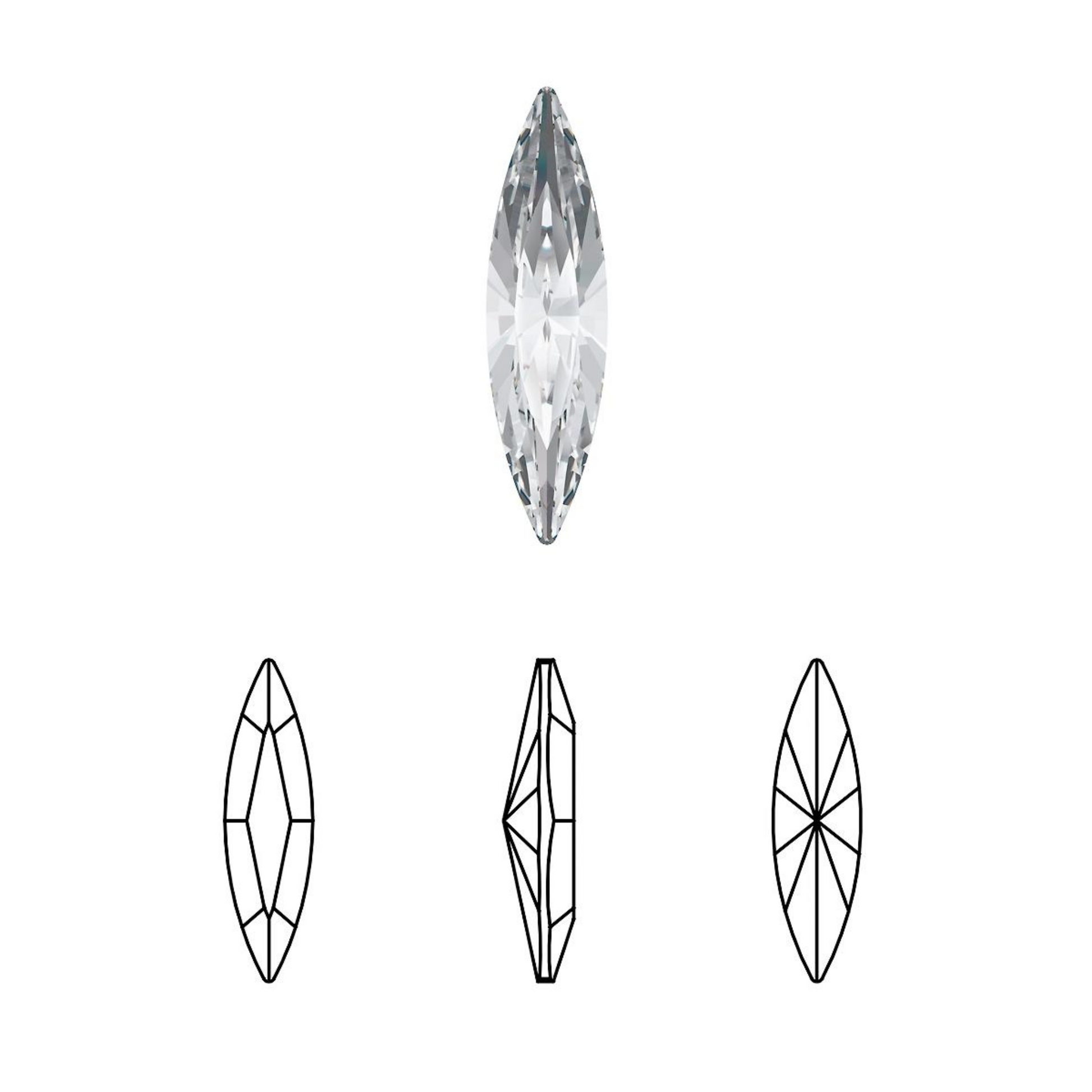 Navette cut crystal rhinestone with faceting diagrams showing top, side, and bottom views.