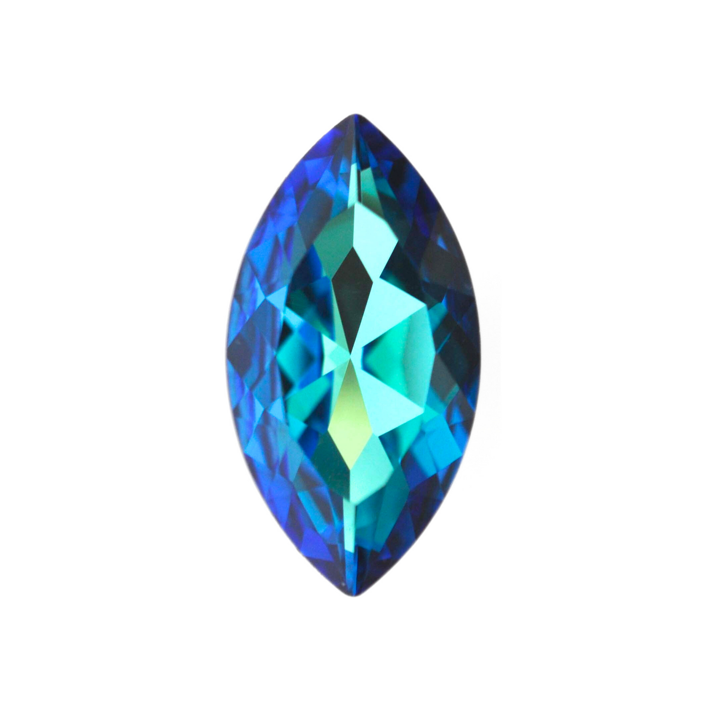 One large navette shape faceted Austrian crystal rhinestones in the color Bermuda Blue displayed on a white background.