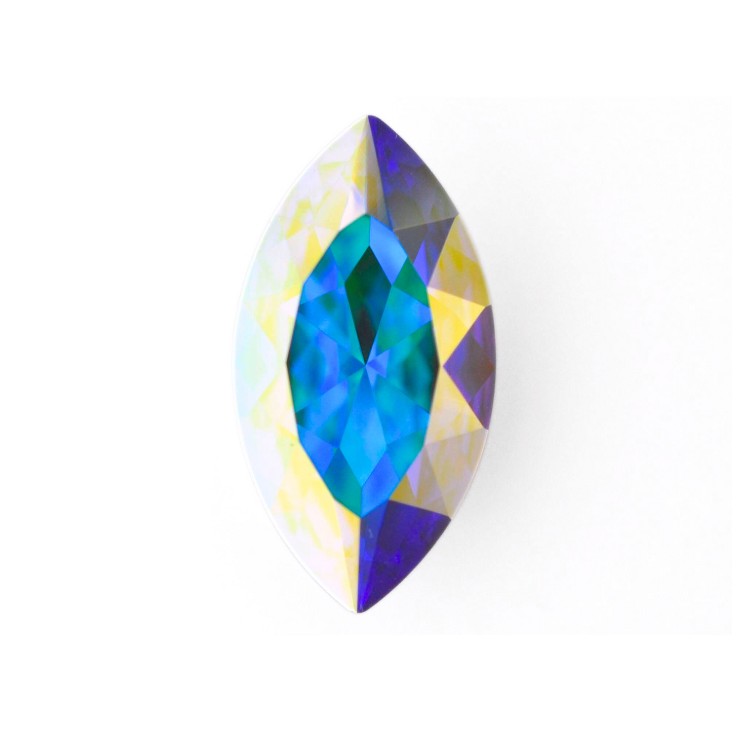 One large navette shape faceted Austrian crystal rhinestones in the color Crystal AB displayed on a white background.