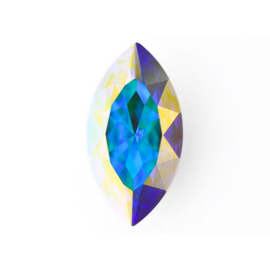 One large navette shape faceted Austrian crystal rhinestones in the color Crystal AB displayed on a white background.