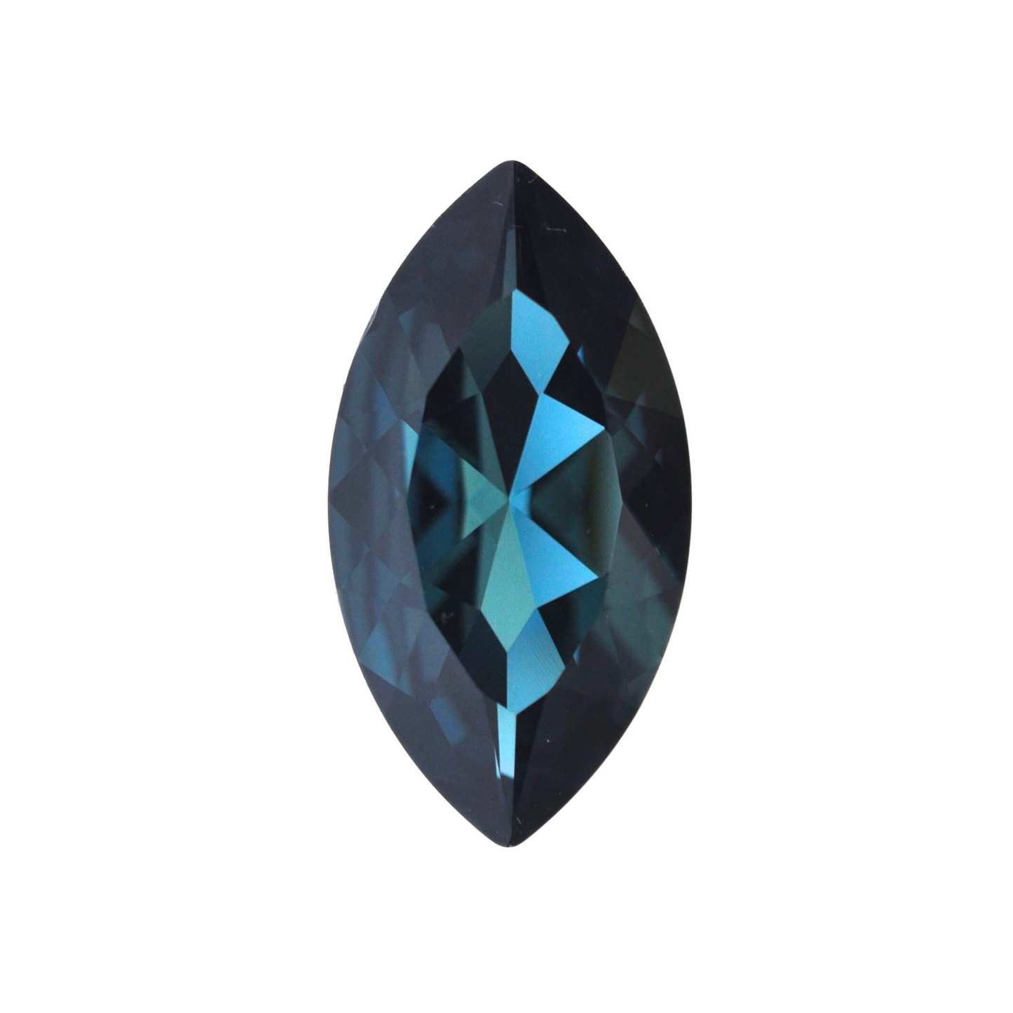 One large navette shape faceted Austrian crystal rhinestones in the color Montana displayed on a white background.