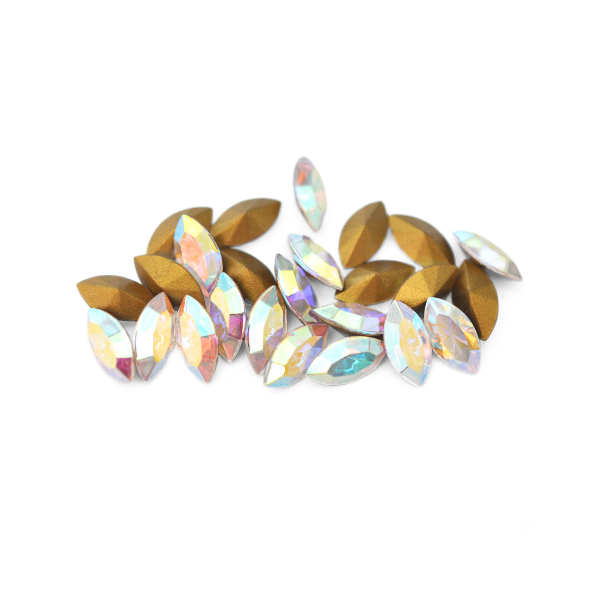 Navette shaped faceted Austrian crystal rhinestones in the color Crystal AB displayed on a white background.