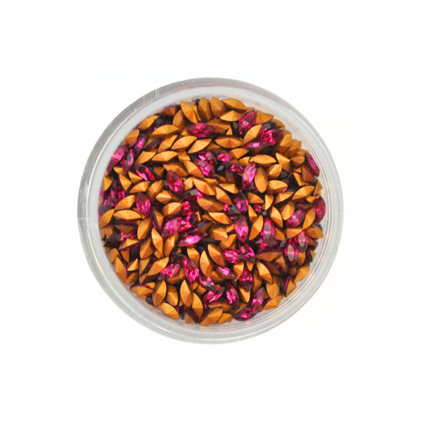 Navette shaped faceted Austrian crystal rhinestones in the color Fuchsia displayed in a round dish on a white background.