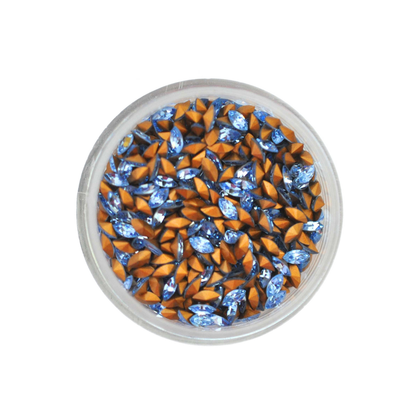 Navette shaped faceted Austrian crystal rhinestones in the color Light Sapphire displayed in a round dish on a white background.