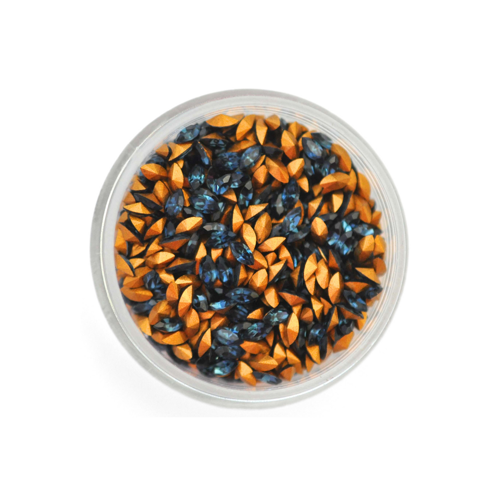 Navette shaped faceted Austrian crystal rhinestones in the color Montana displayed in a round dish on a white background.