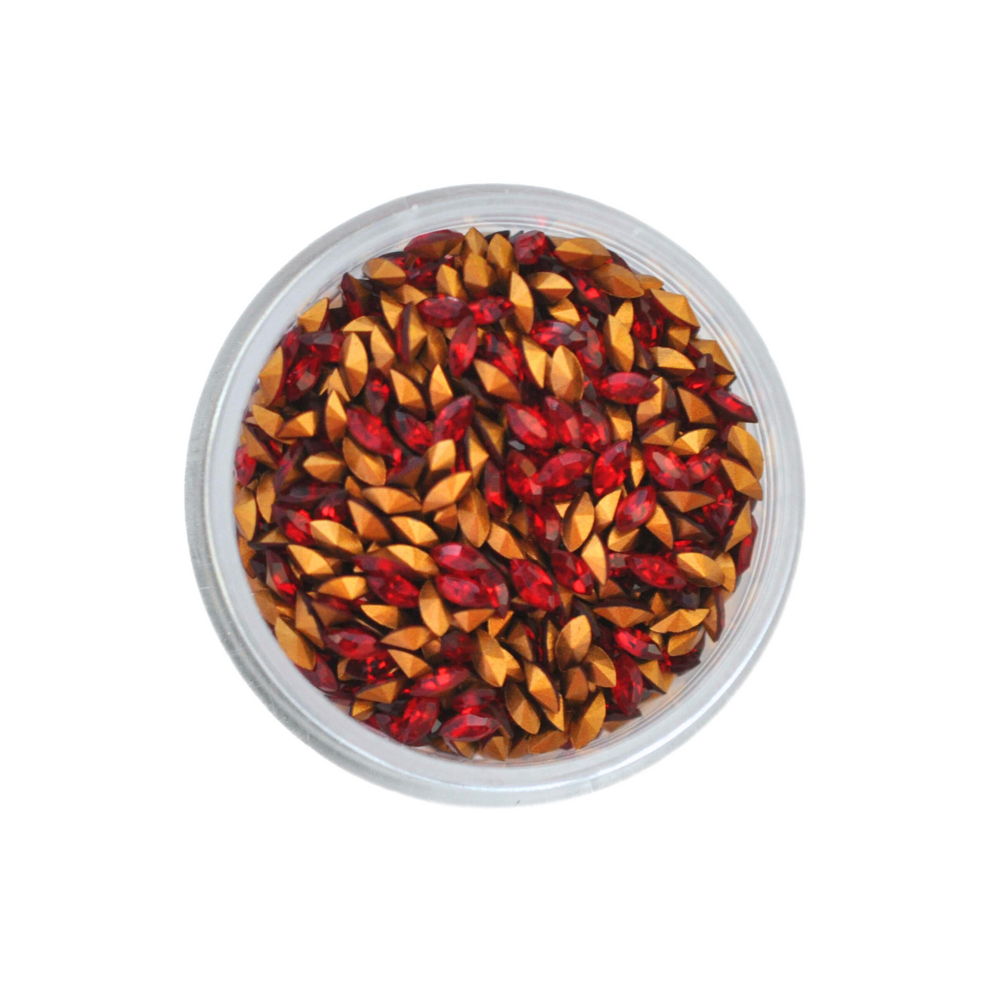 Navette shaped faceted Austrian crystal rhinestones in the color Siam displayed in a round dish on a white background.