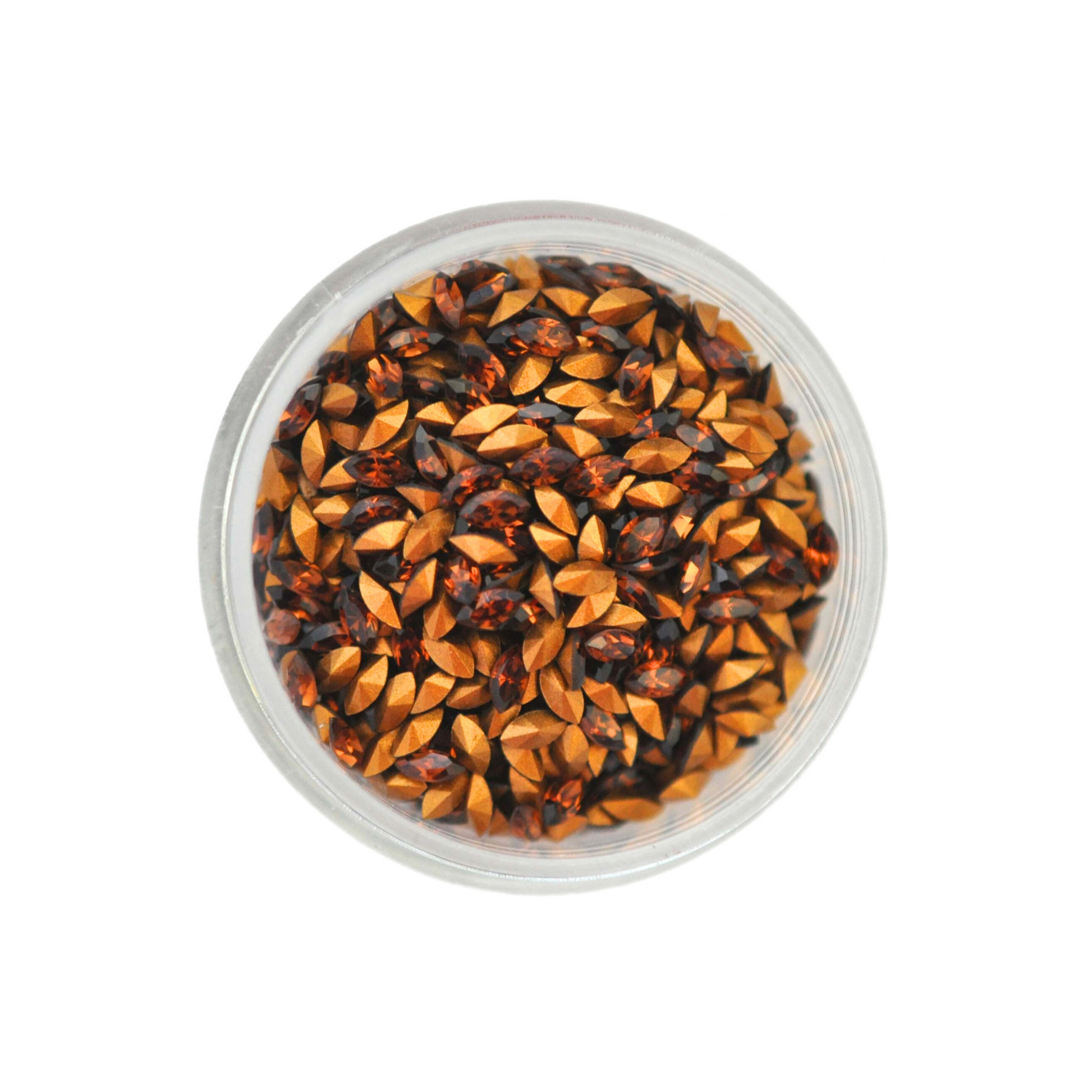 Navette shaped faceted Austrian crystal rhinestones in the color Smoked Topaz displayed in a round dish on a white background.