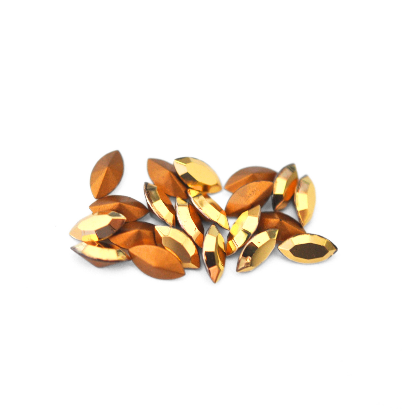 Navette shaped faceted Austrian crystal rhinestones in the color Aurum displayed on a white background.