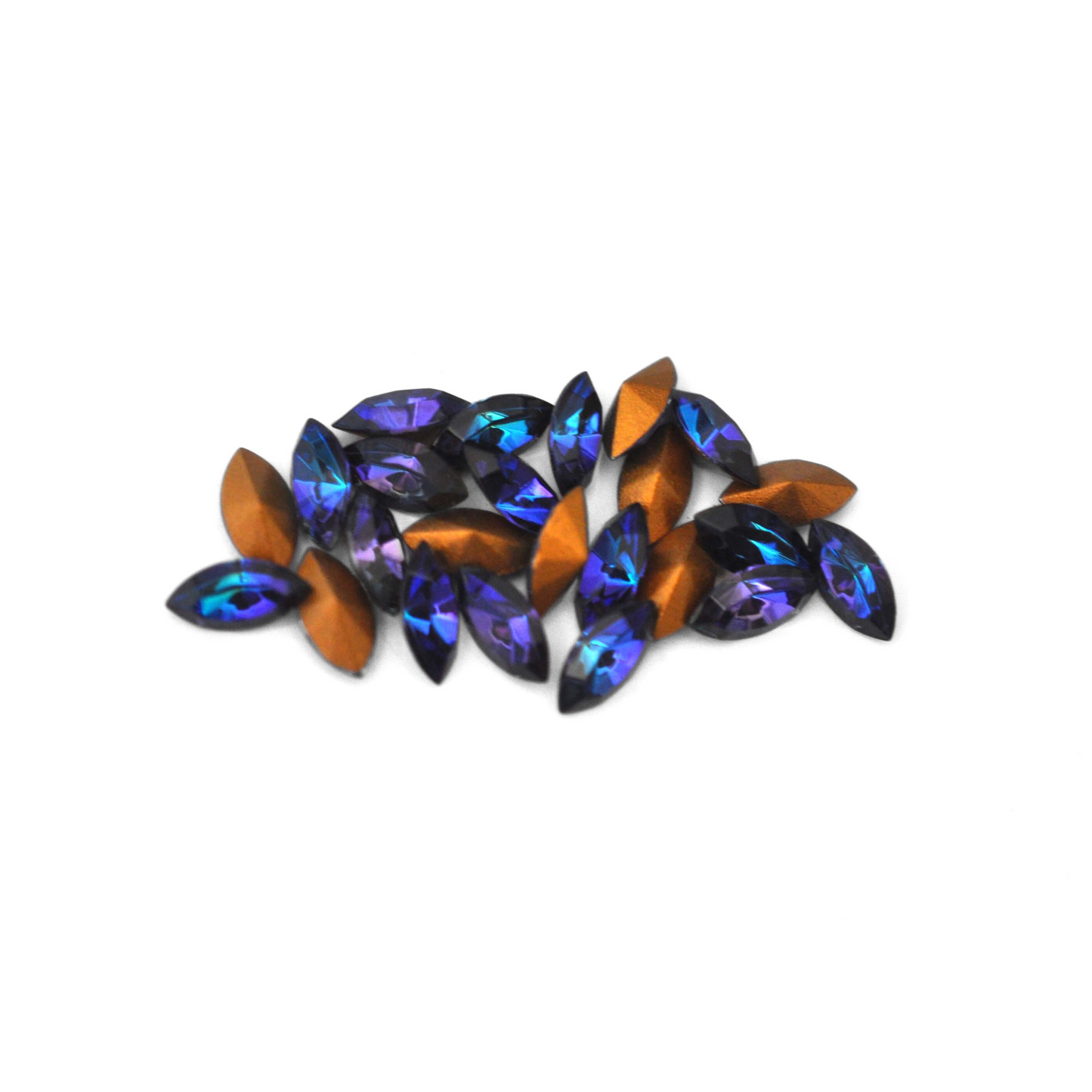 Navette shaped faceted Austrian crystal rhinestones in the color Heliotrope displayed on a white background.