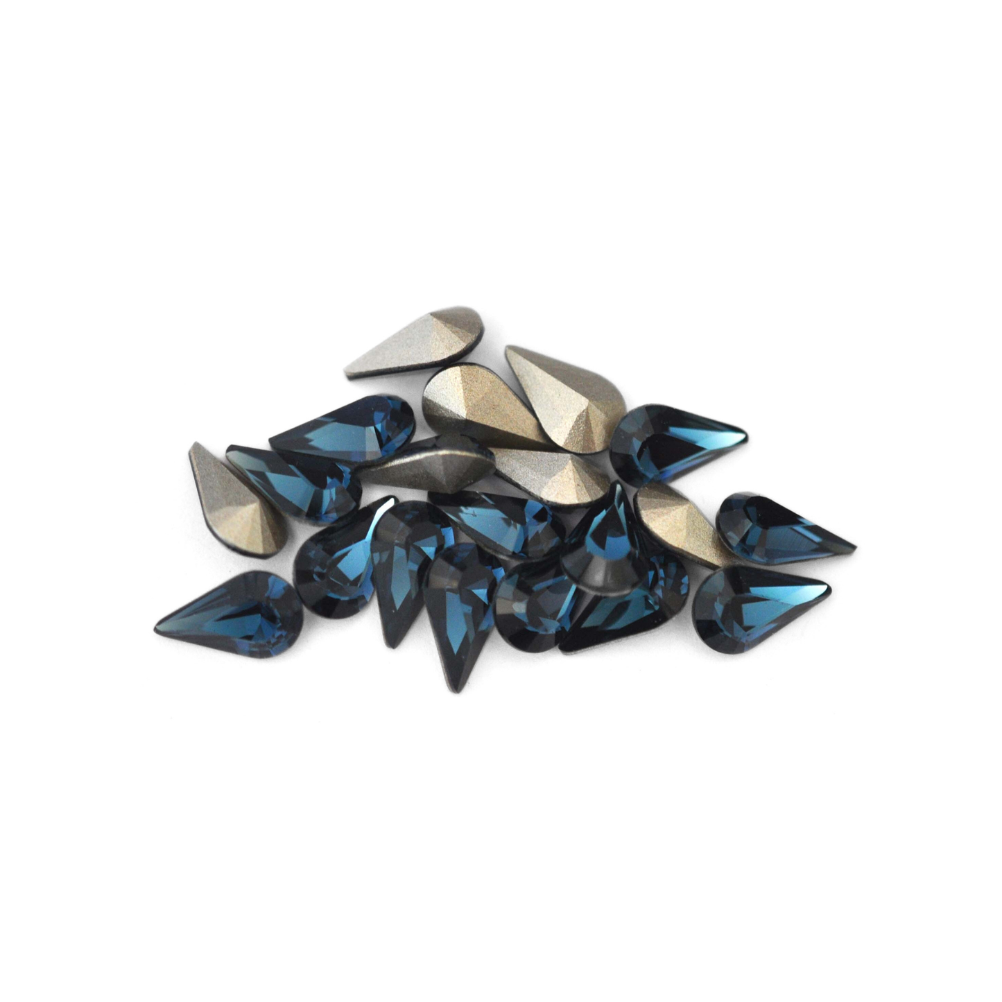 Pear shaped faceted Austrian crystal rhinestones in the color Montana displayed on a white background.