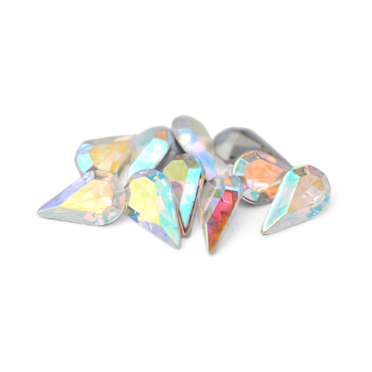 Pear shaped faceted Austrian crystal rhinestones in the color Crystal AB displayed on a white background.