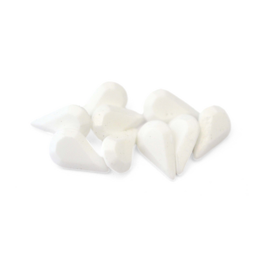 Pear shaped faceted Austrian crystal rhinestones in the color Chalk White displayed on a white background.