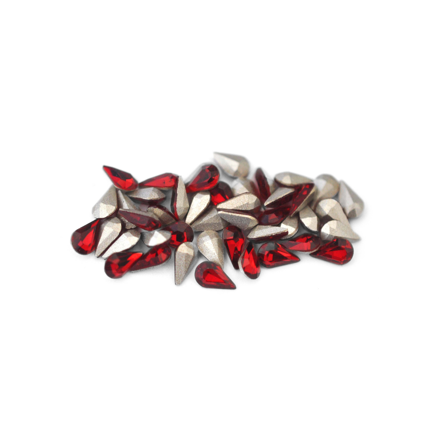 Pear shaped faceted Austrian crystal rhinestones in the color Siam displayed on a white background.