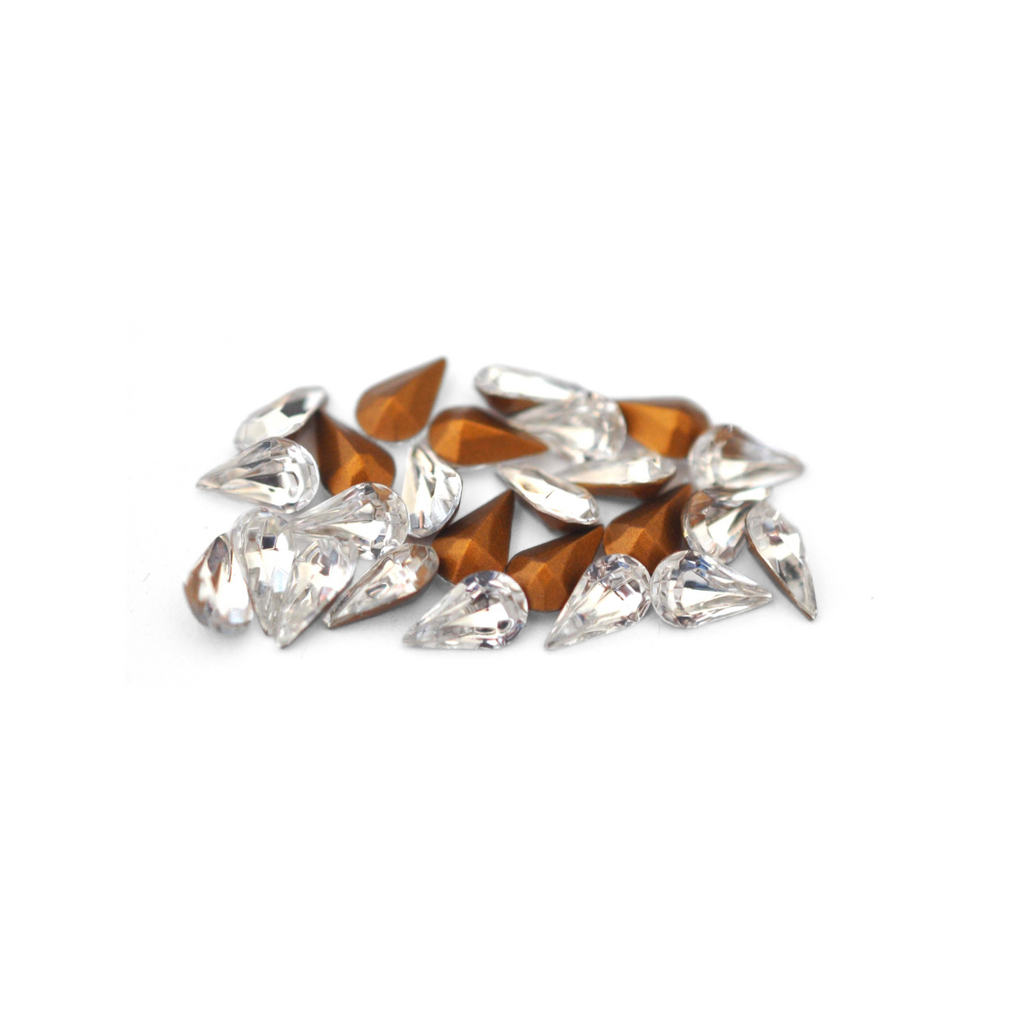 Pear shaped faceted Austrian crystal rhinestones in the color Crystal displayed on a white background.