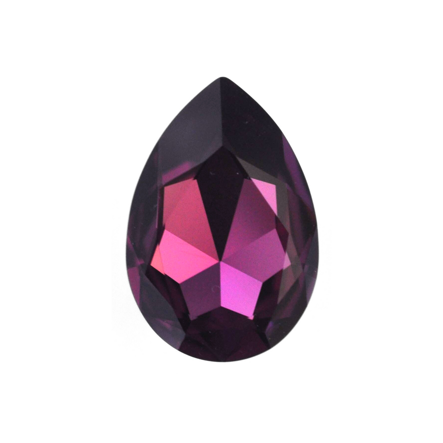 One large pear shape faceted Austrian crystal rhinestones in the color Amethyst displayed on a white background.