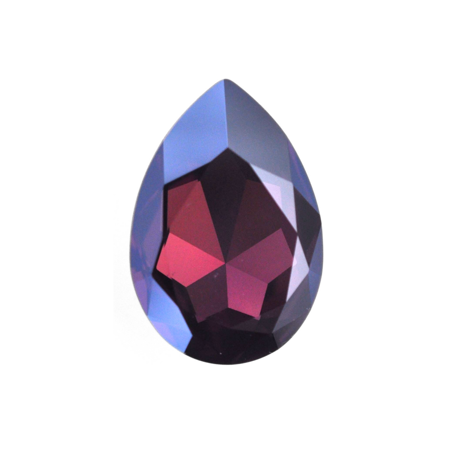 One large pear shape faceted Austrian crystal rhinestones in the color Amethyst Glitz displayed on a white background.