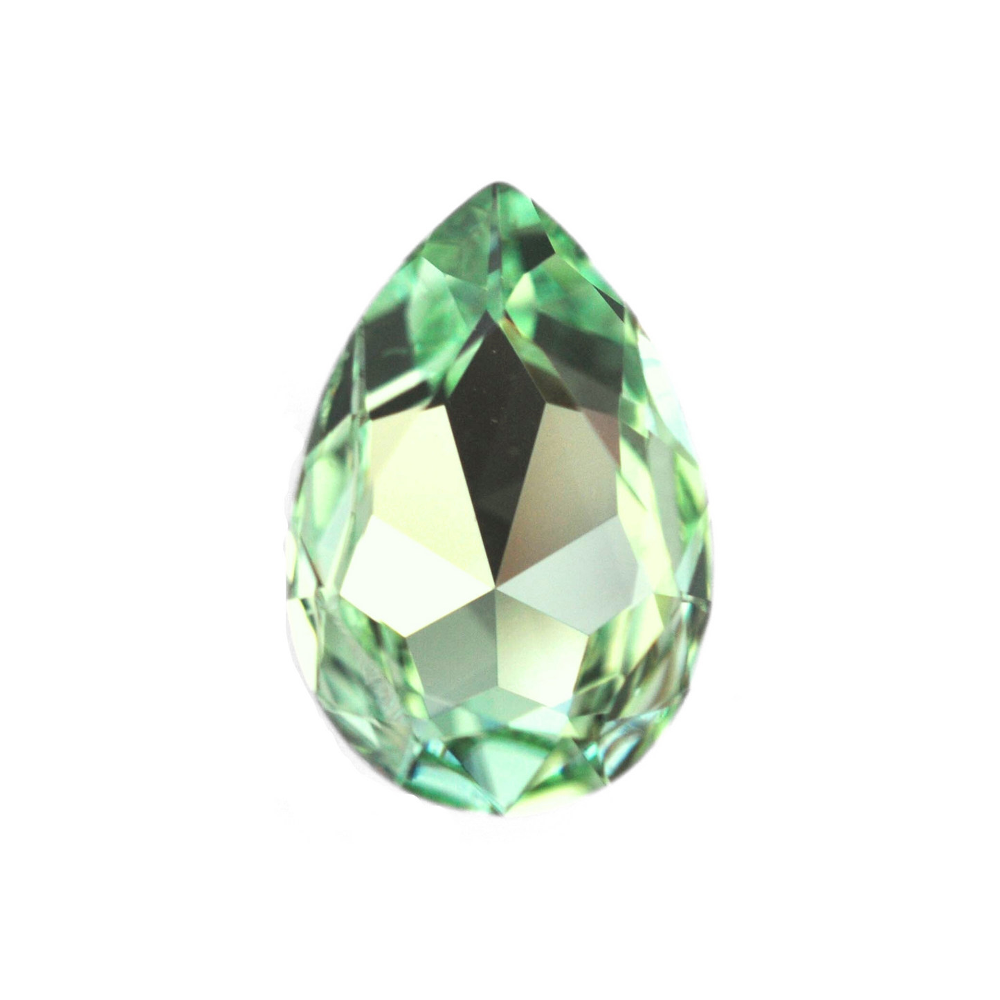 One large pear shape faceted Austrian crystal rhinestones in the color Chrysolite displayed on a white background.