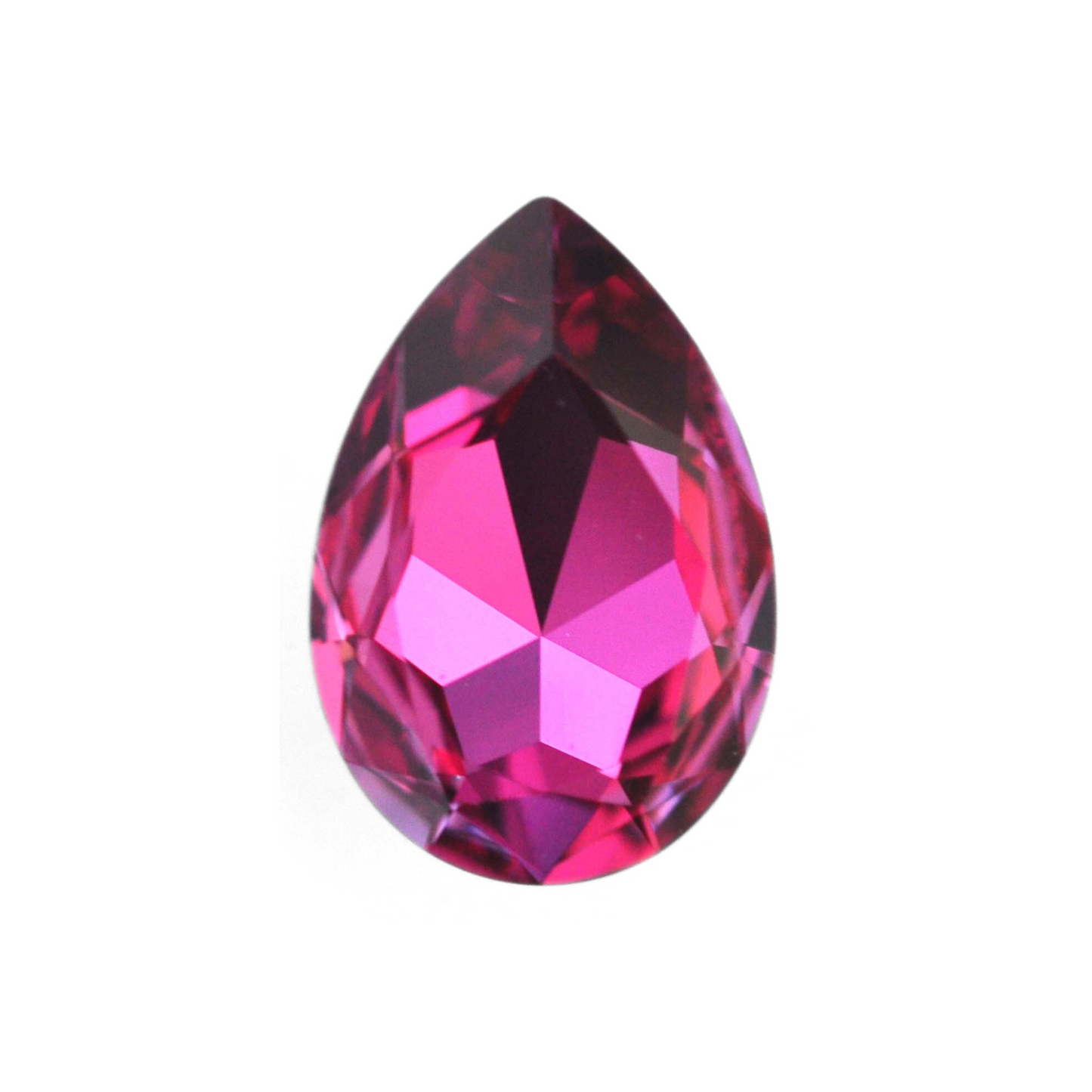 One large pear shape faceted Austrian crystal rhinestones in the color Dark Rose displayed on a white background.
