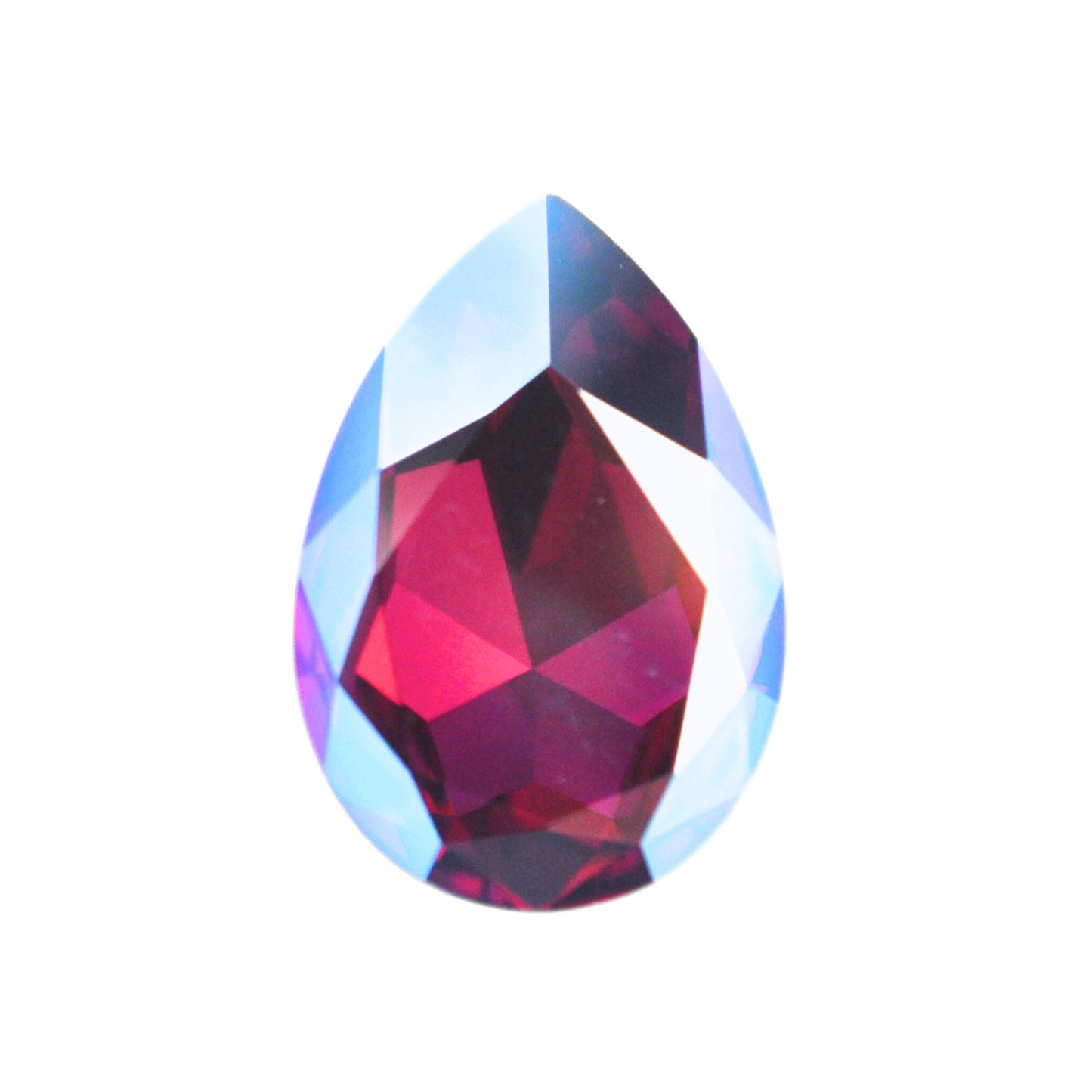 One large pear shape faceted Austrian crystal rhinestones in the color Fuchsia Shimmer displayed on a white background.