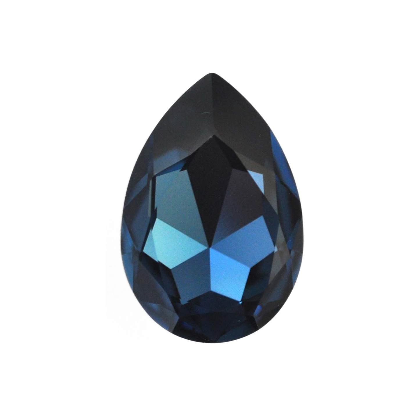 One large pear shape faceted Austrian crystal rhinestones in the color Montana displayed on a white background.