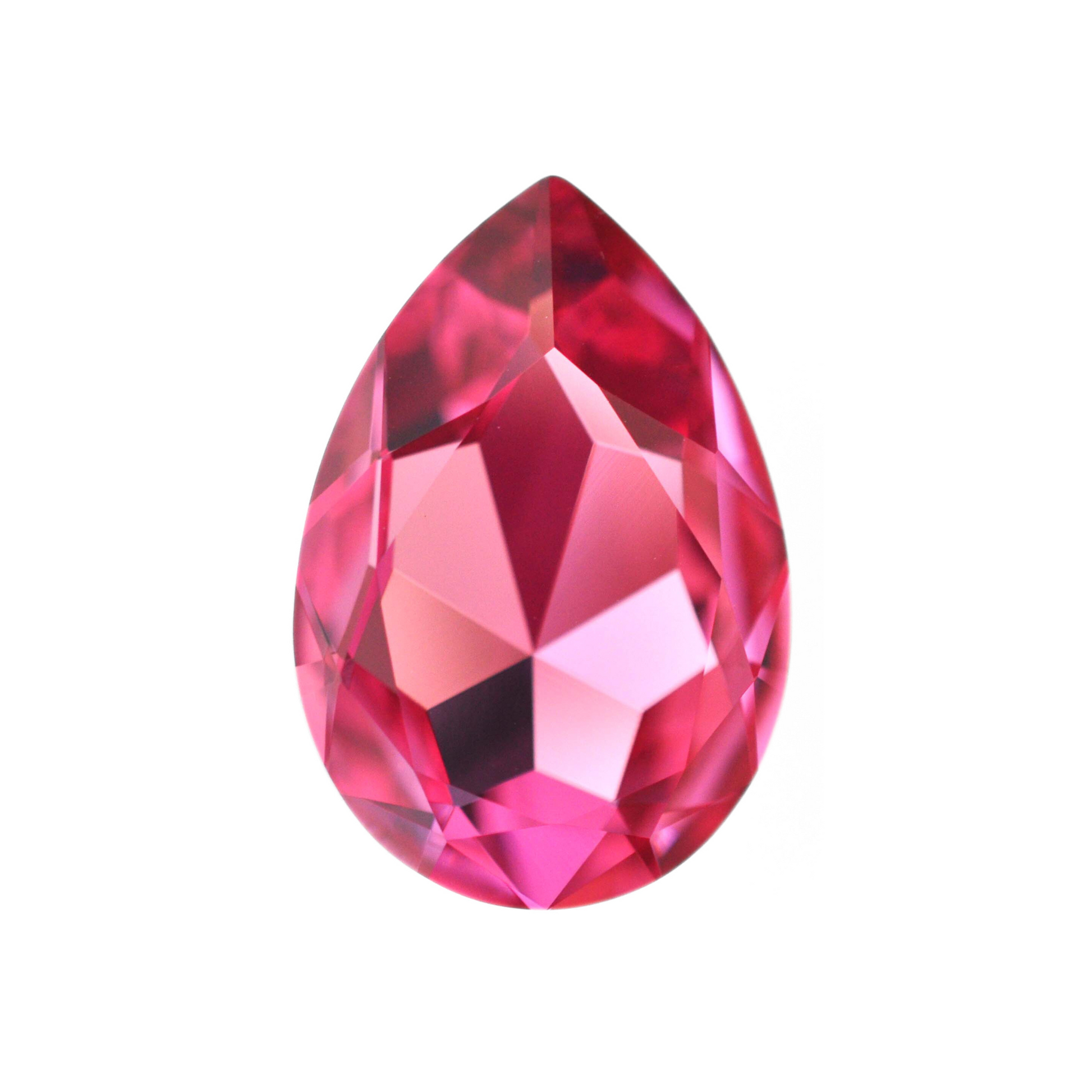 One large pear shape faceted Austrian crystal rhinestones in the color Rose displayed on a white background.