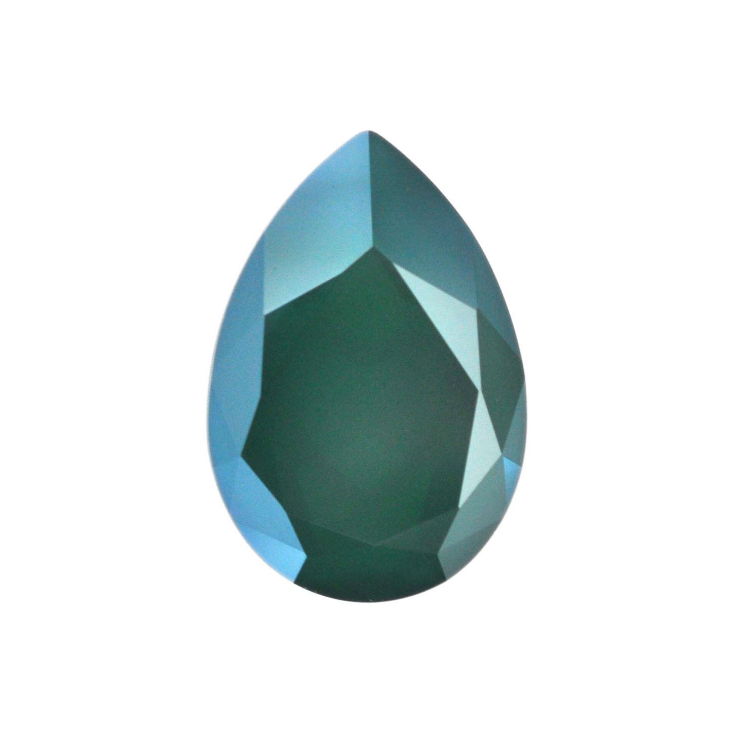 One large pear shape faceted Austrian crystal rhinestones in the color Royal Green displayed on a white background.