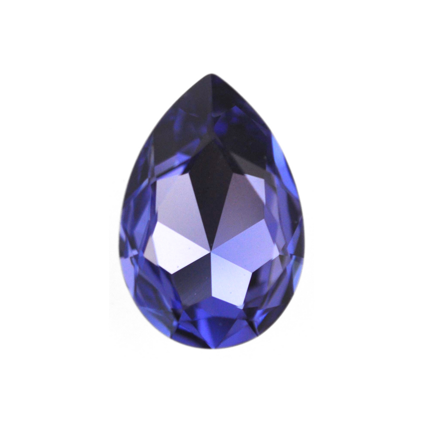 One large pear shape faceted Austrian crystal rhinestones in the color Tanzanite displayed on a white background.
