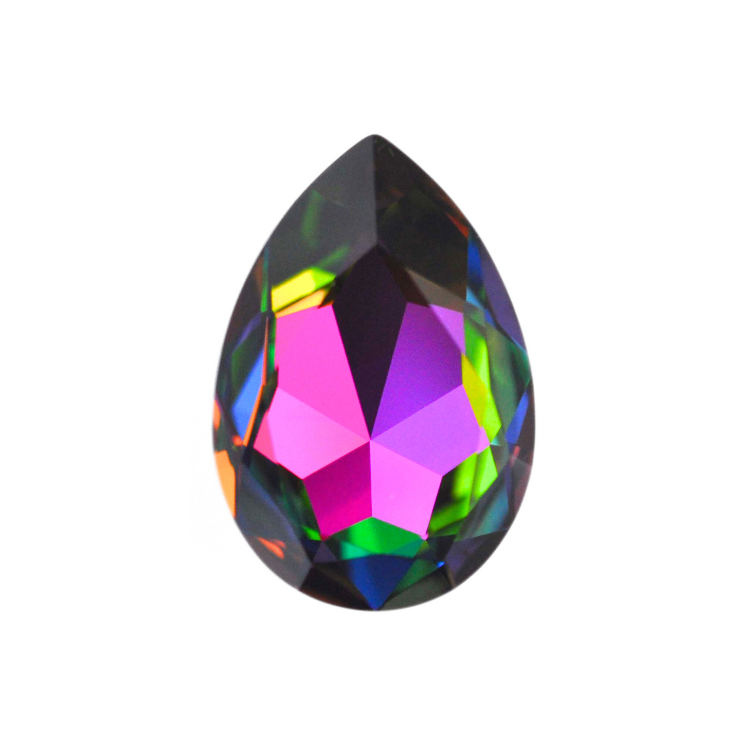 One large pear shape faceted Austrian crystal rhinestones in the color Vitrail Medium displayed on a white background.