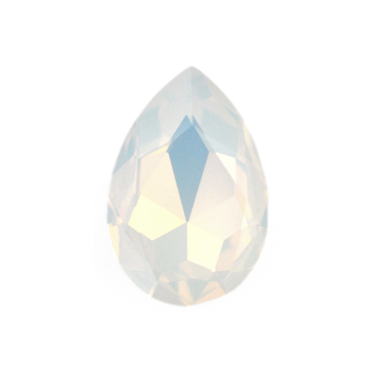 One large pear shape faceted Austrian crystal rhinestones in the color White Opal displayed on a white background.