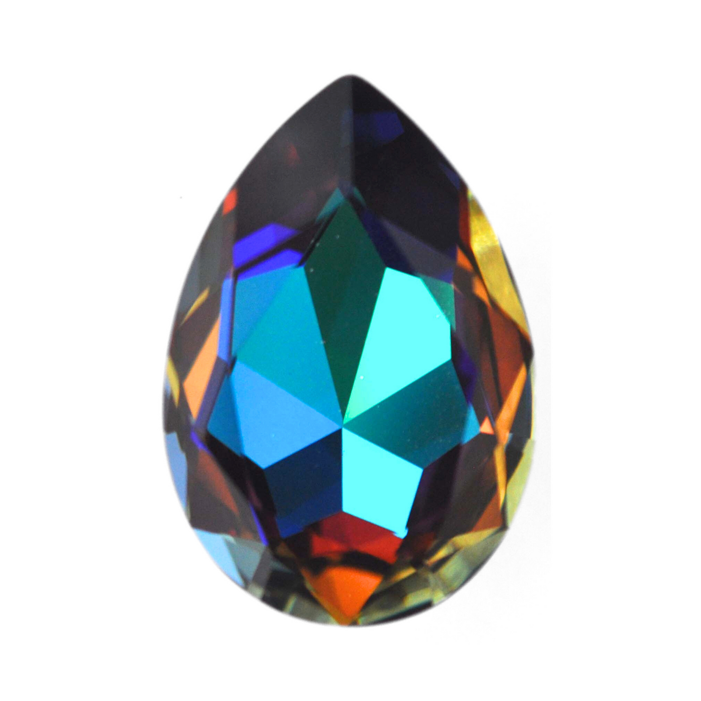 One large pear shape faceted Austrian crystal rhinestones in the color Blue Volcano displayed on a white background.