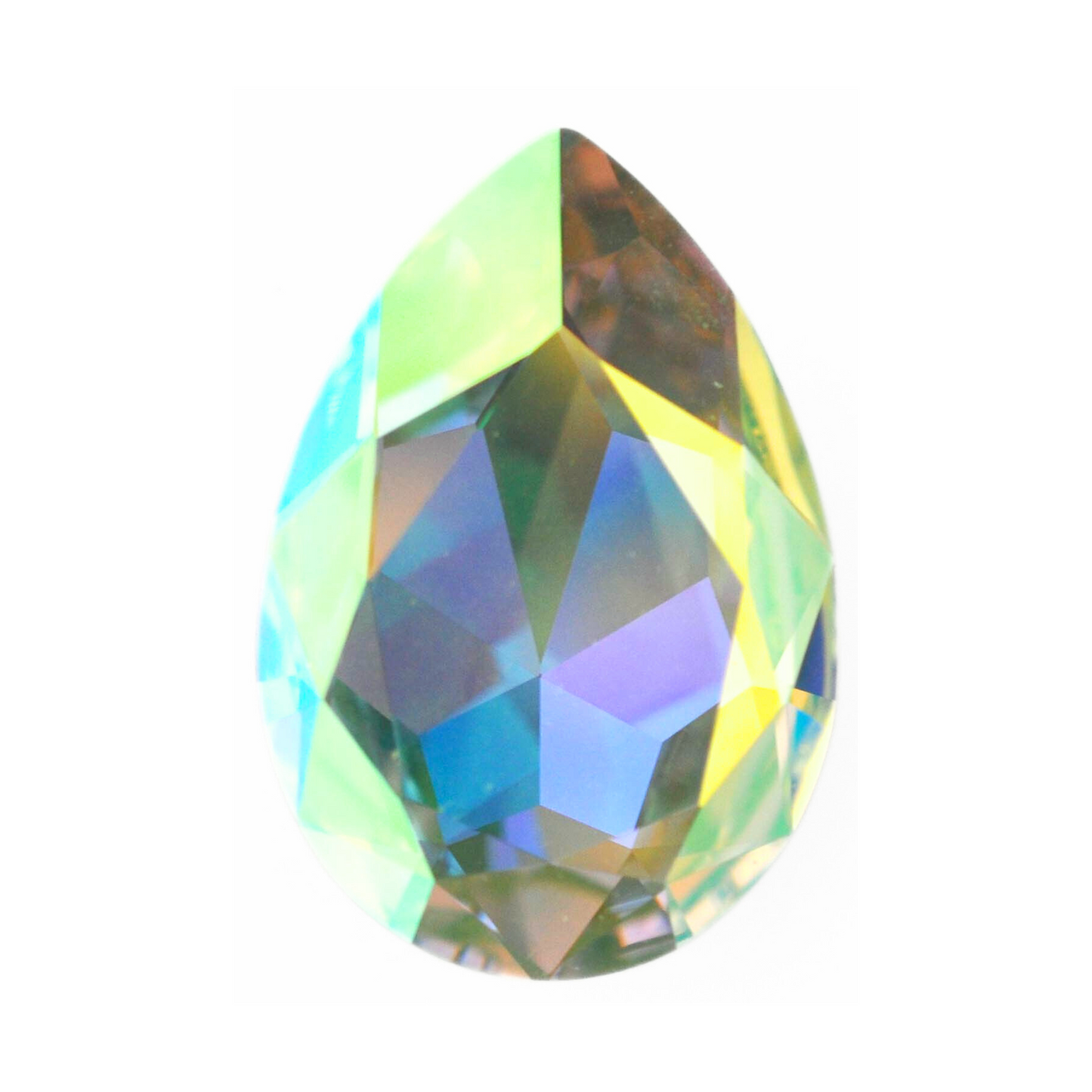 One large pear shape faceted Austrian crystal rhinestones in the color Chrysolite AB displayed on a white background.
