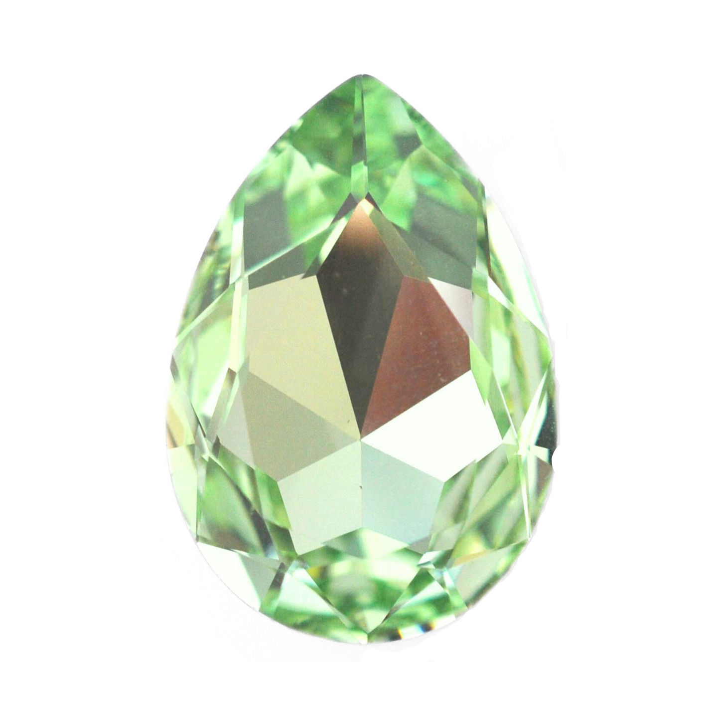 One large pear shape faceted Austrian crystal rhinestones in the color Chrysolite displayed on a white background.