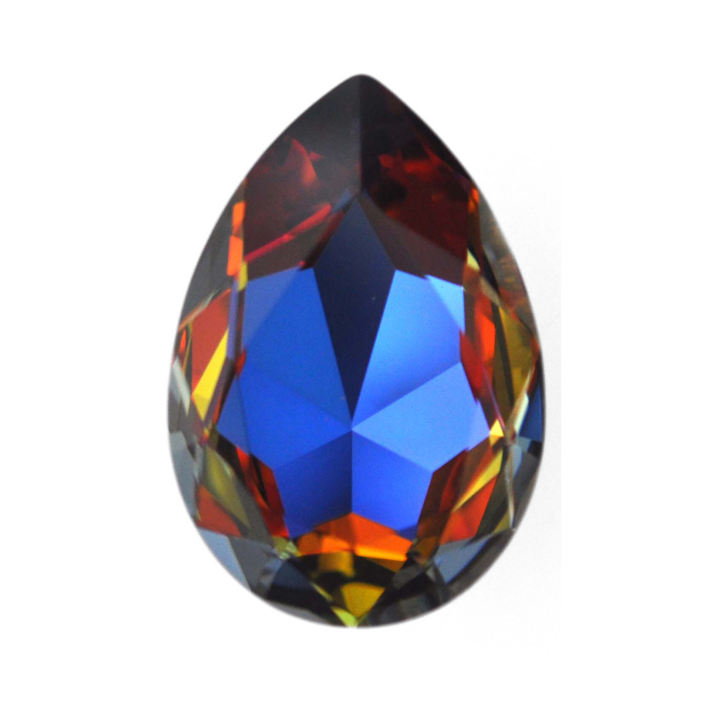 One large pear shape faceted Austrian crystal rhinestones in the color Volcano displayed on a white background.