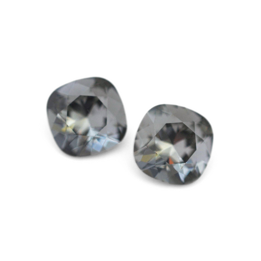 Cushion Square faceted Austrian crystal rhinestones in the color Black Diamond displayed on a white background.