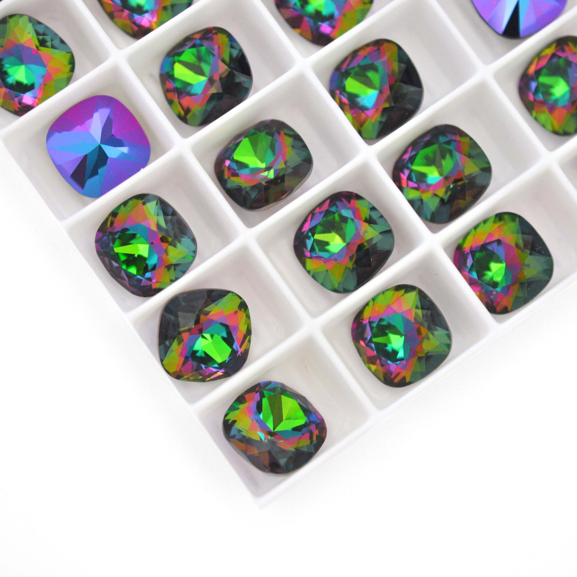 Cushion Square faceted Austrian crystal rhinestones in the color Chrysolite Electra displayed on a white background.