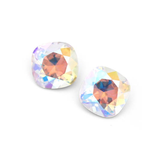Cushion Square faceted Austrian crystal rhinestones in the color Crystal Shimmer displayed on a white background.