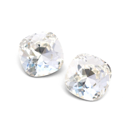 Cushion Square faceted Austrian crystal rhinestones in the color Crystal displayed on a white background.