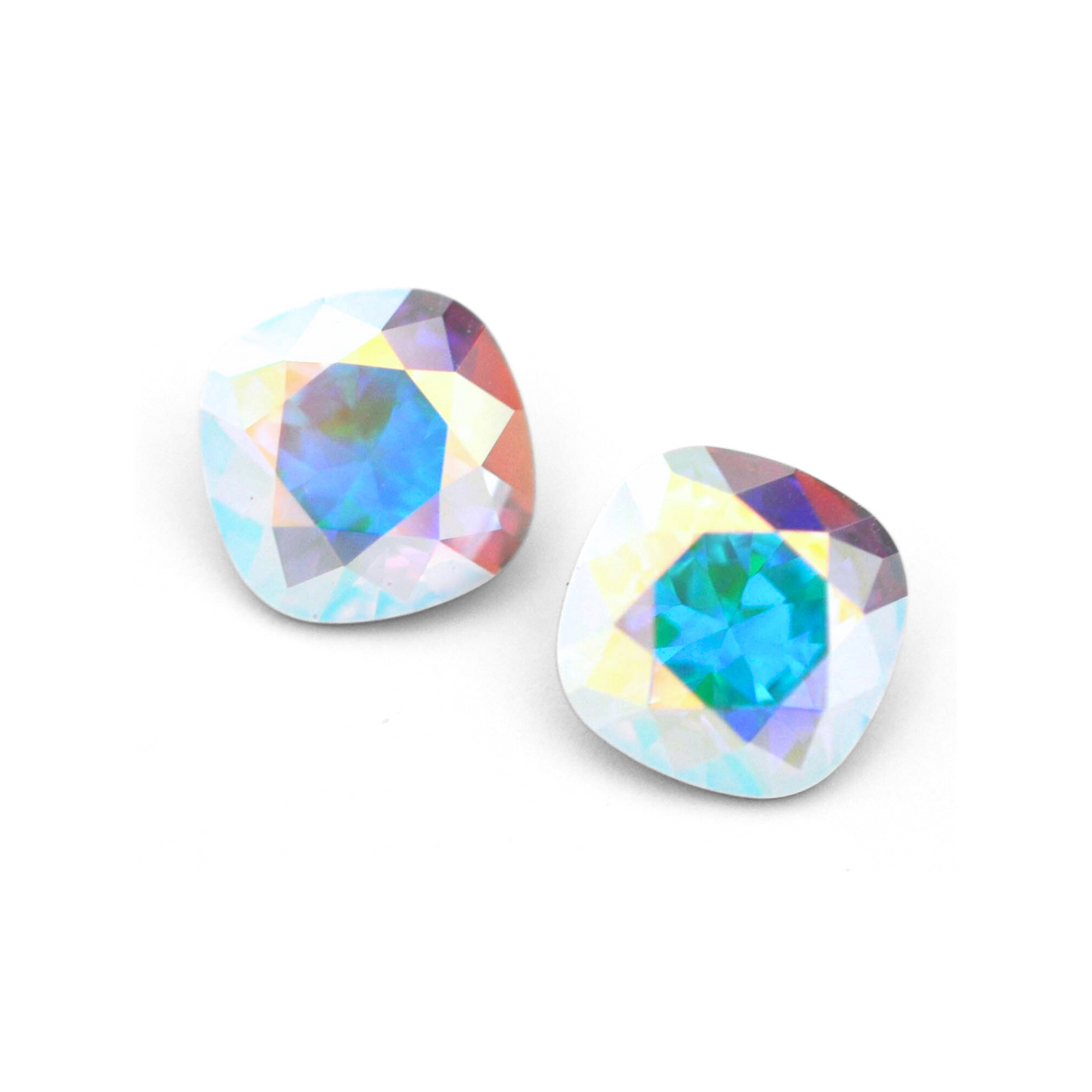Cushion Square faceted Austrian crystal rhinestones in the color Crystal AB displayed on a white background.