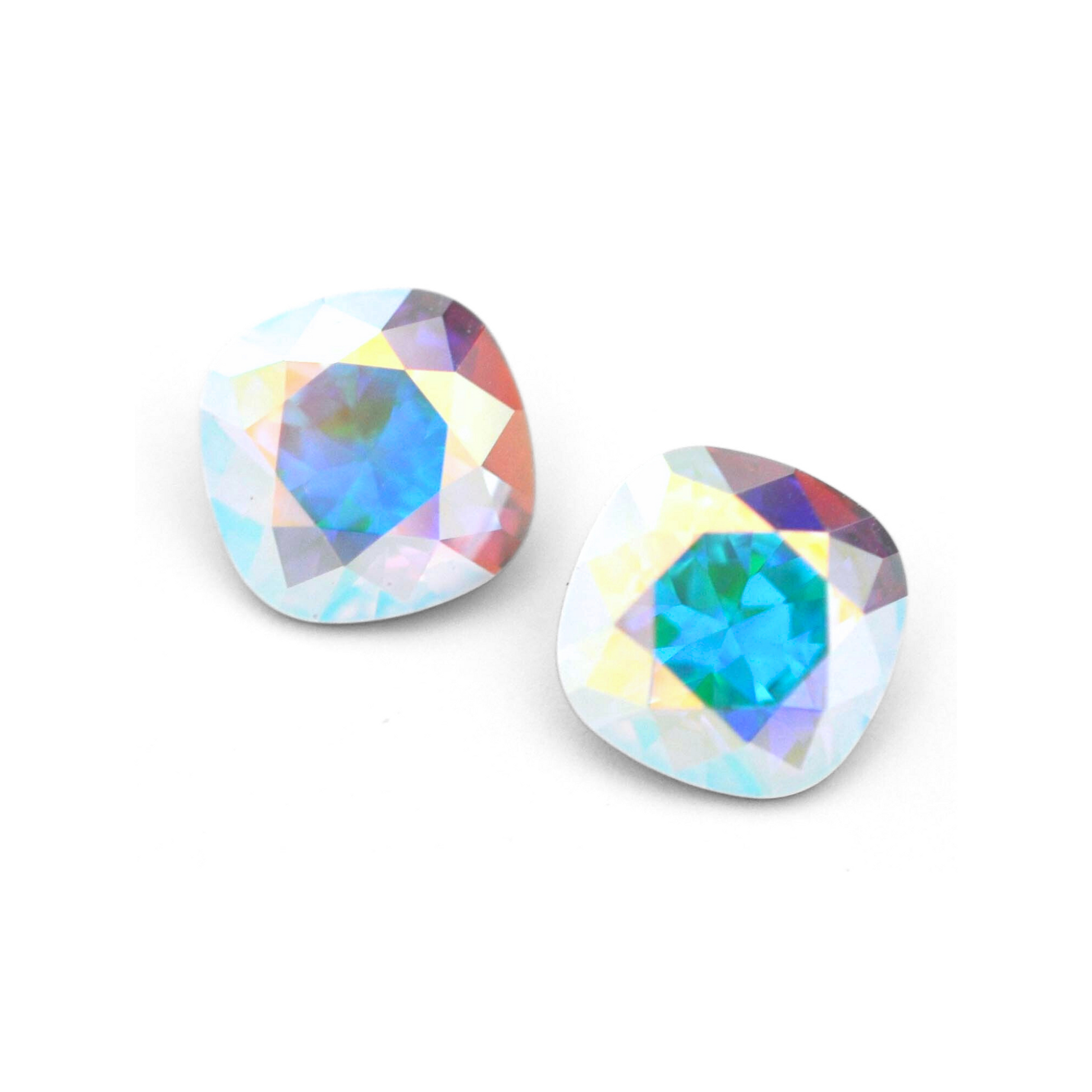 Cushion Square faceted Austrian crystal rhinestones in the color Crystal AB displayed on a white background.