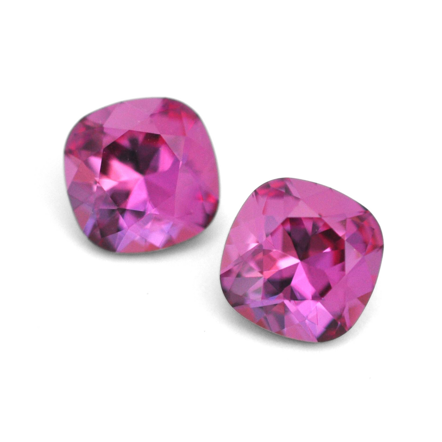 Cushion Square faceted Austrian crystal rhinestones in the color Dark Rose displayed on a white background.