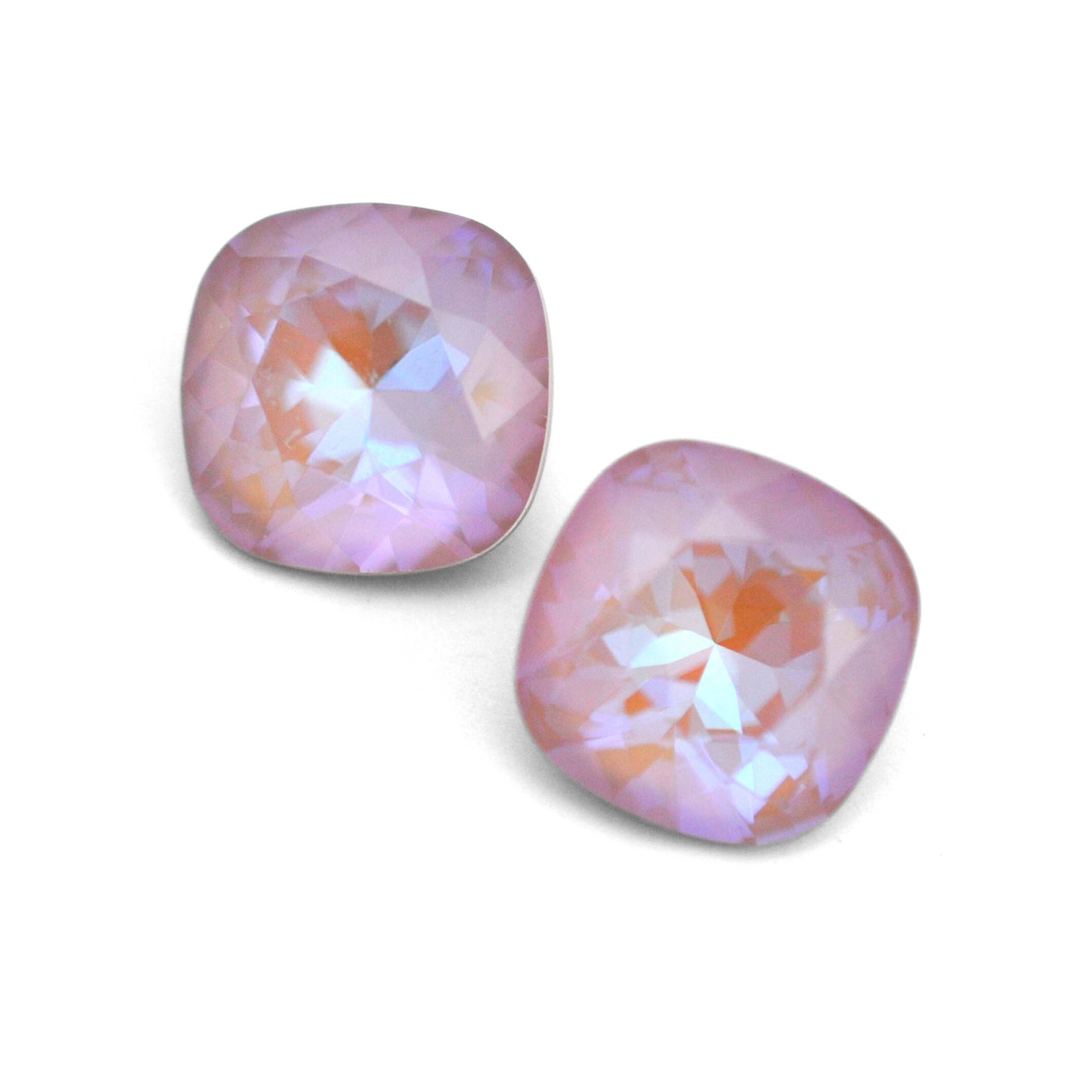 Cushion Square faceted Austrian crystal rhinestones in the color Dusty Pink Delite displayed on a white background.