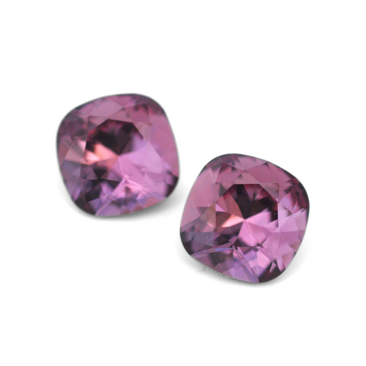 Cushion Square faceted Austrian crystal rhinestones in the color Iris displayed on a white background.