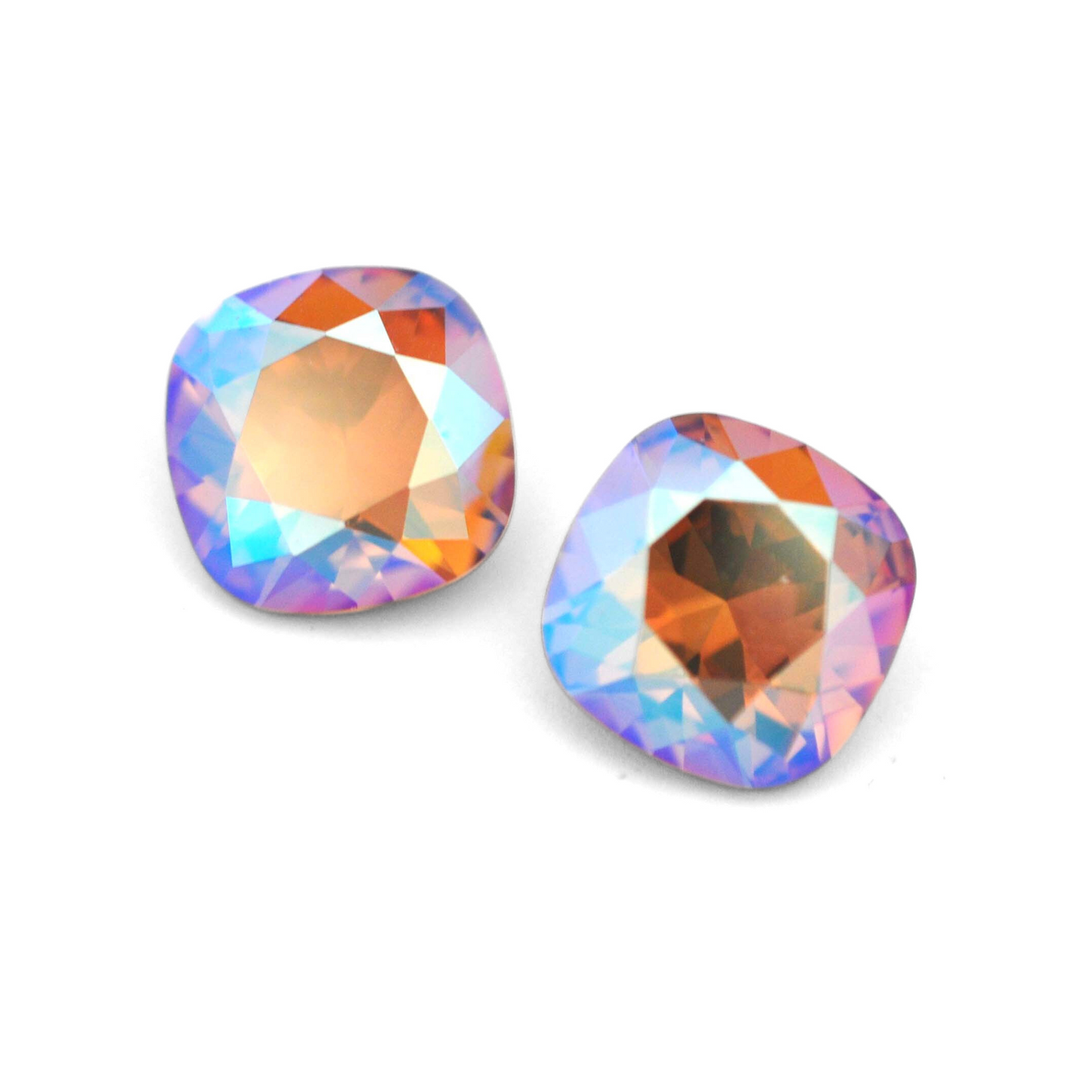 Cushion Square faceted Austrian crystal rhinestones in the color Light Colorado Topaz Shimmer displayed on a white background.