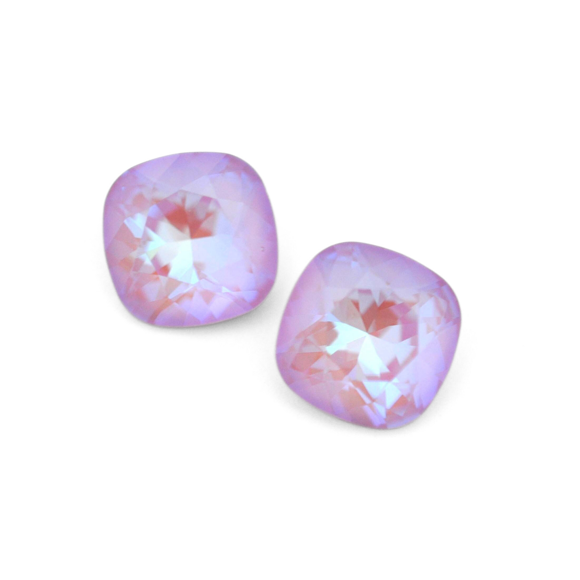 Cushion Square faceted Austrian crystal rhinestones in the color Lavender Delite displayed on a white background.