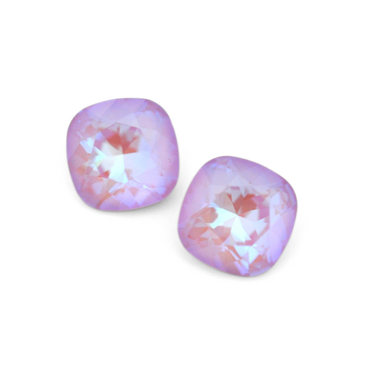 Cushion Square faceted Austrian crystal rhinestones in the color Lavender Delite displayed on a white background.