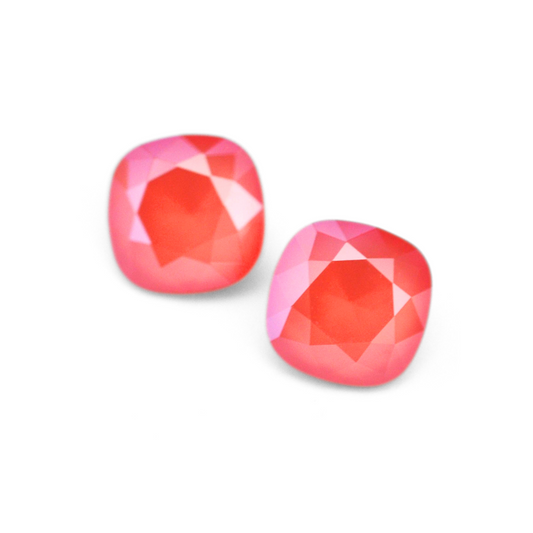 Cushion Square faceted Austrian crystal rhinestones in the color Light Coral displayed on a white background.